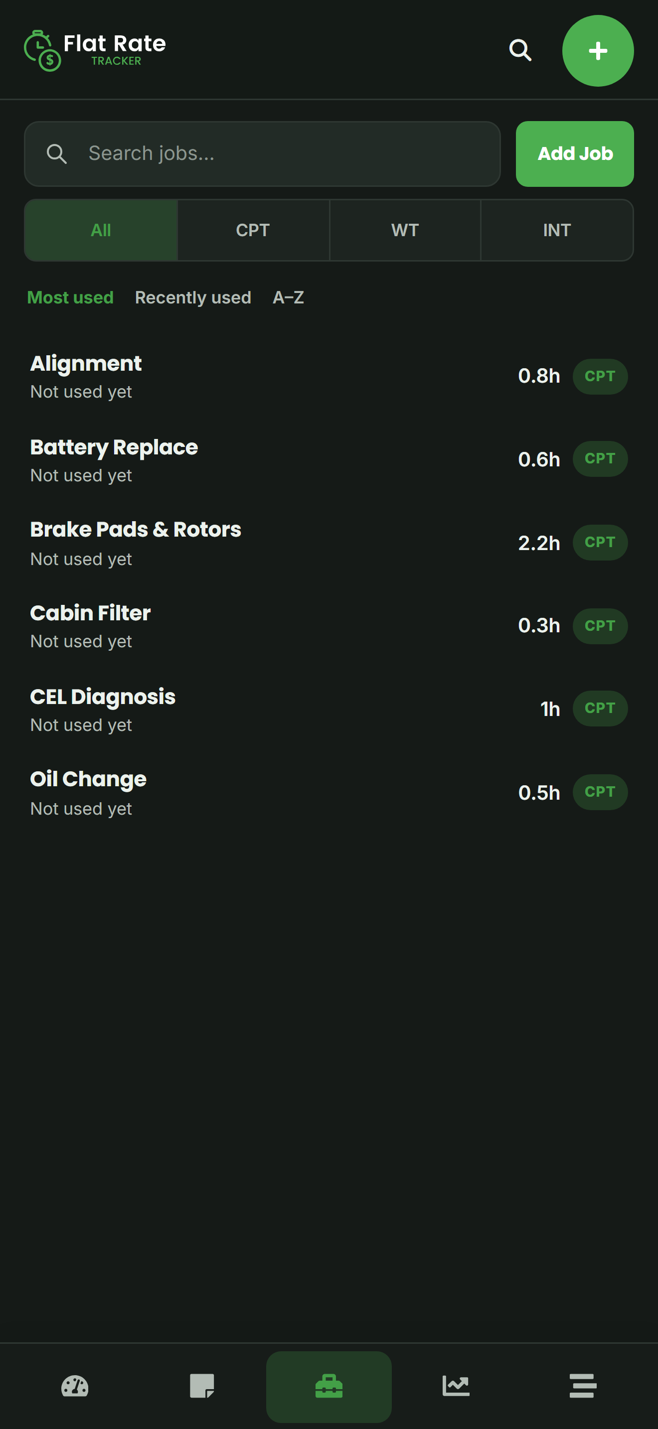 Flat Rate Tracker One saved jobs list with labor times for common operations