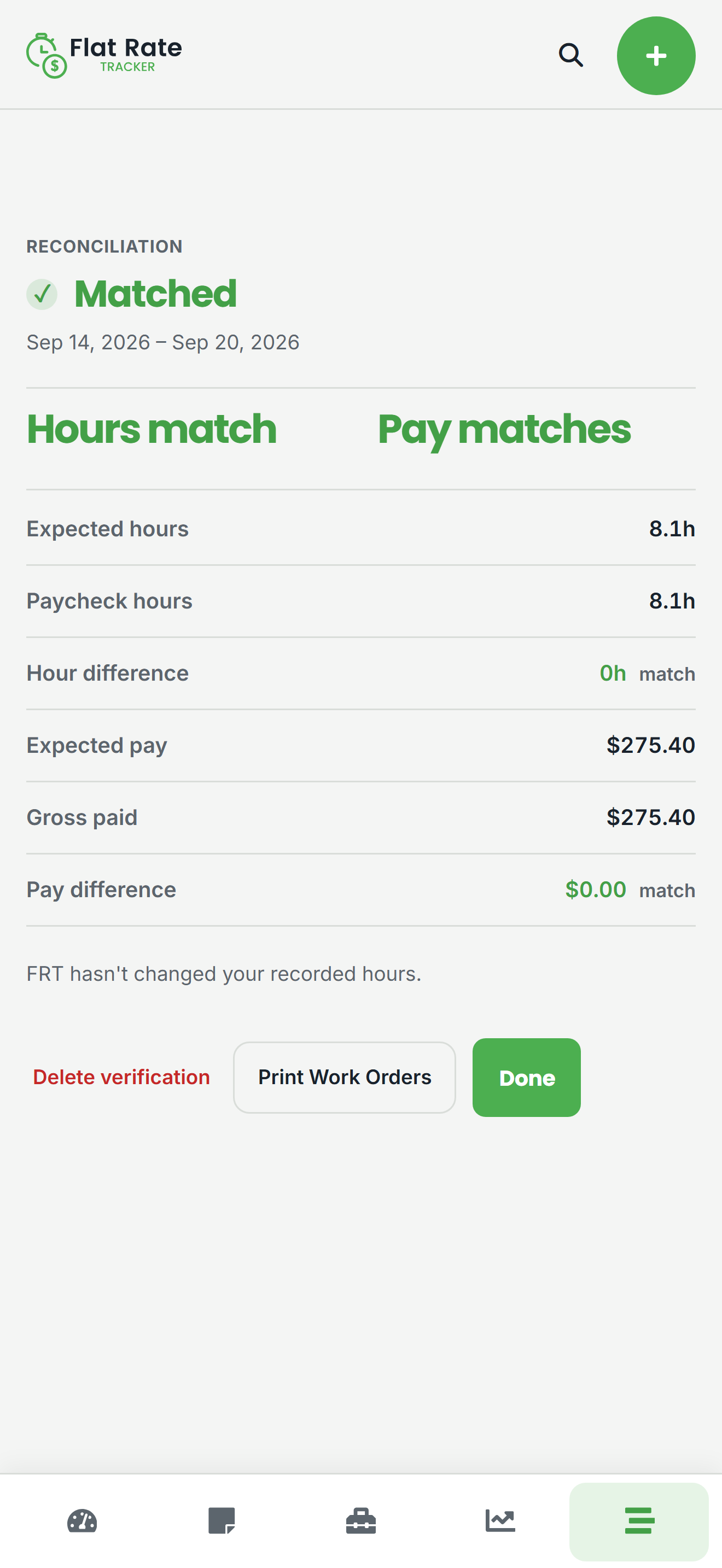 PayTrack reconciliation result comparing expected hours and pay to paycheck totals