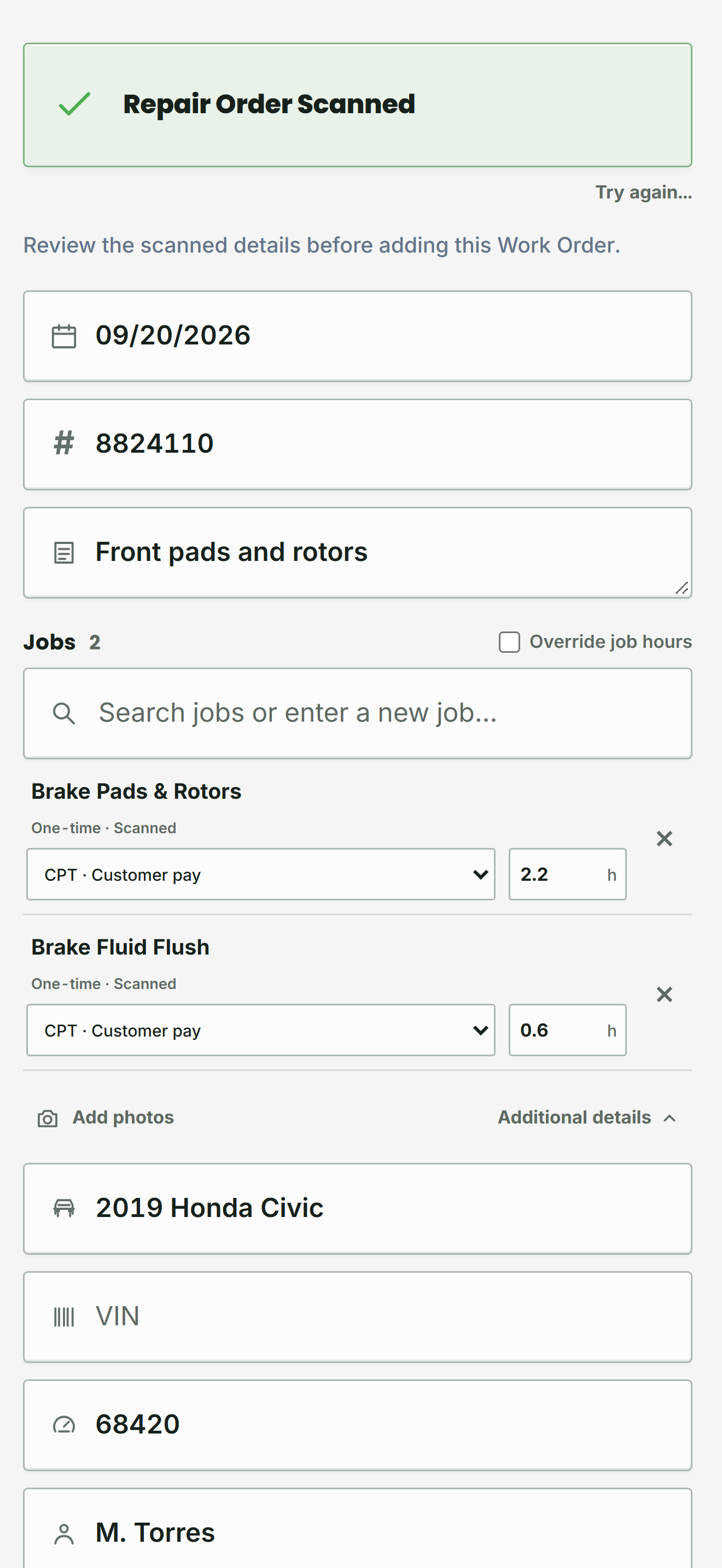 Scan Repair Order review screen confirming an editable draft with RO number, jobs, and hours