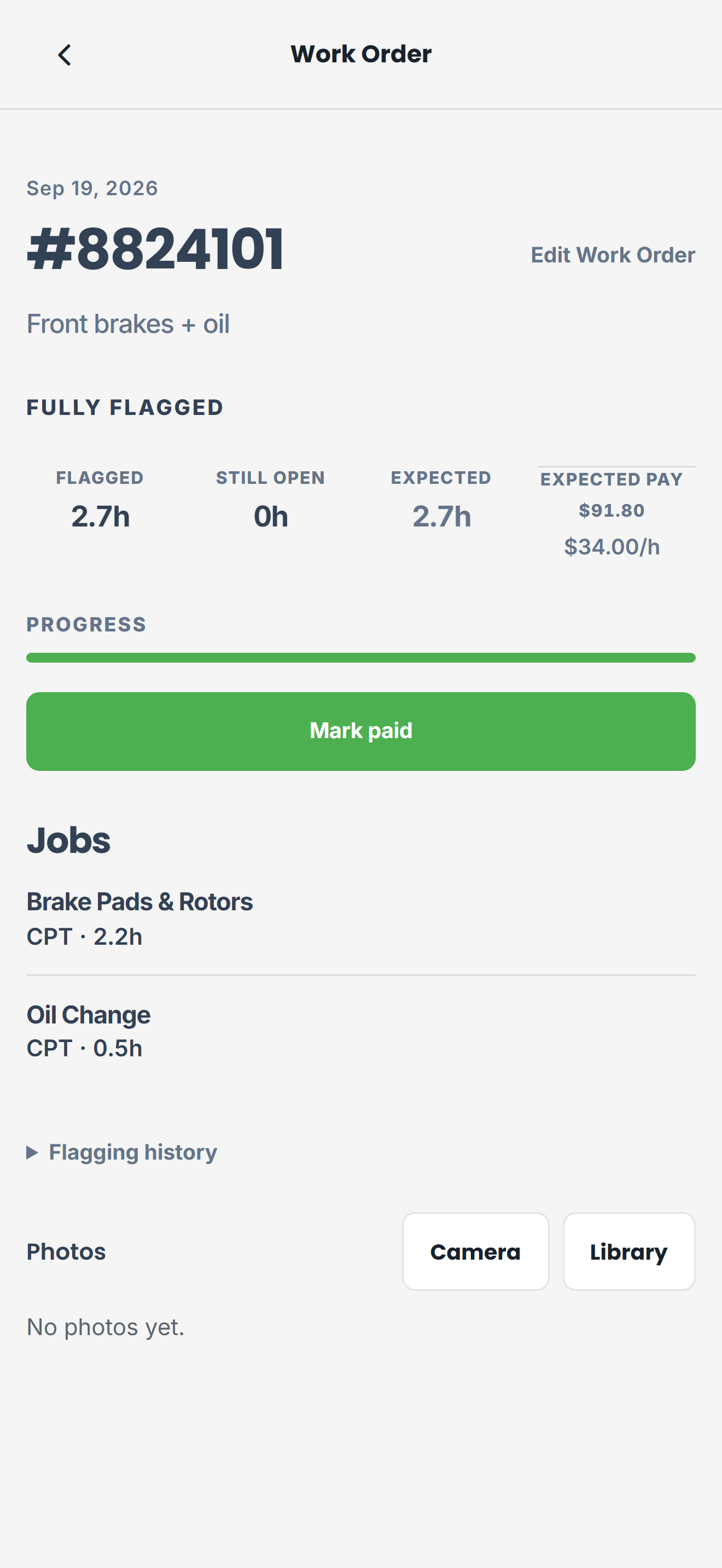 Work order detail with jobs, flagged hours, paid status, and expected pay